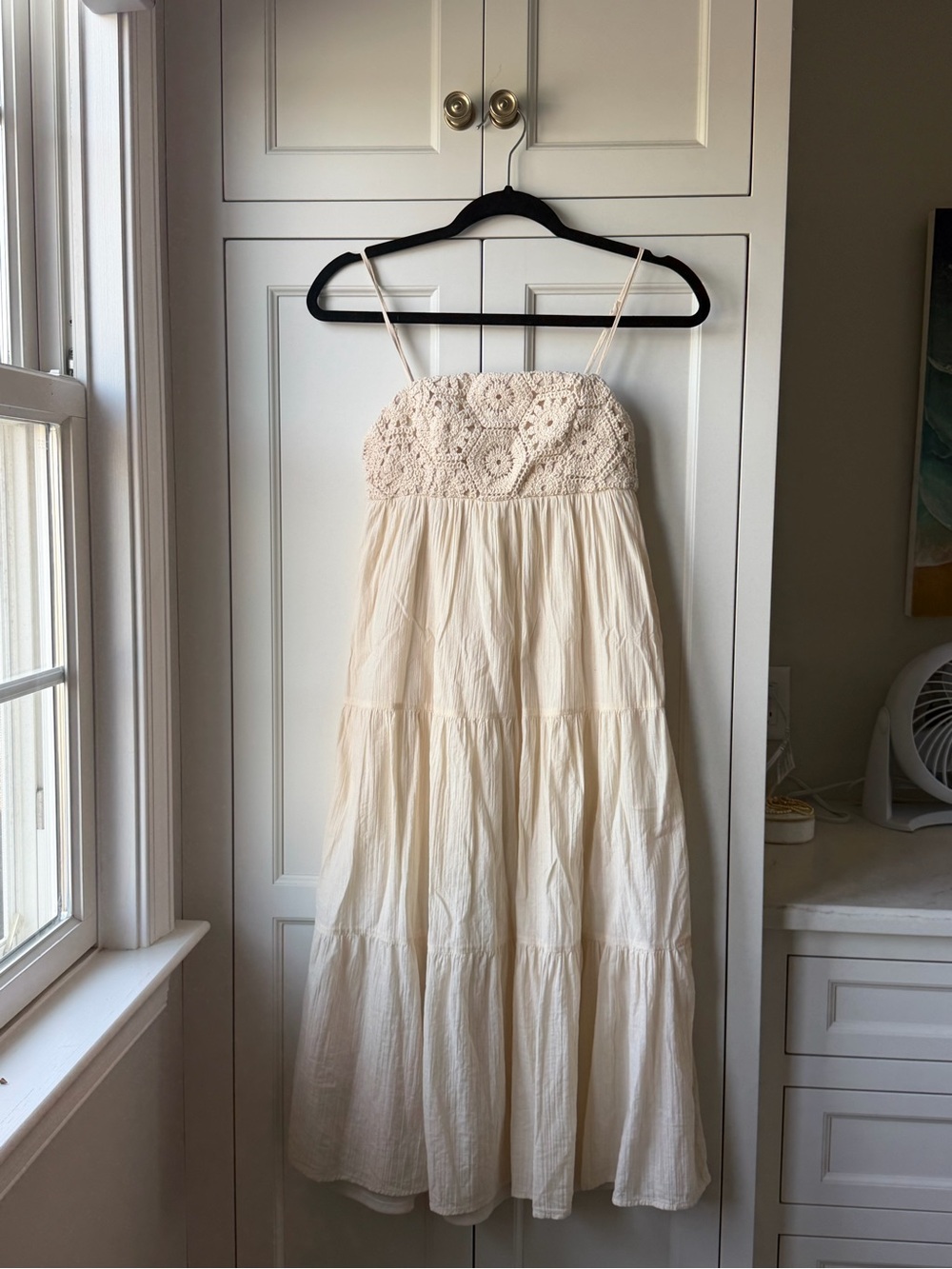 Francesca's Collections Cream Crochet Bust Tiered Maxi Dress